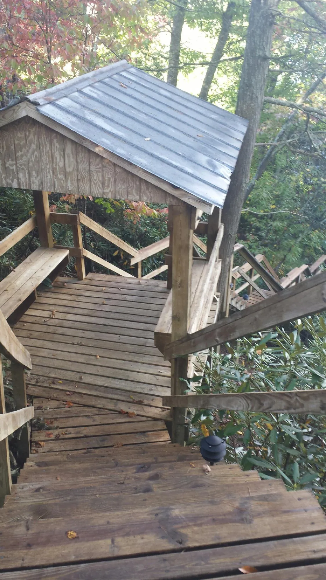 Metal roofed shelter over wooden steps on a wooded walkway — Skylight Repair & Installation work by our crew in Damascus